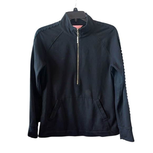 Lilly Pulitzer Skipper Popover Onyx Black Lace Sleeve Quarter Zip Top Size Small - Picture 3 of 11